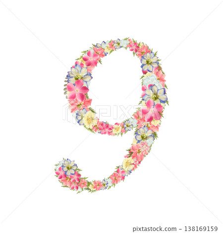 Pressed flower design of the number 9, delicate serif font, pink and blue botanical number, transparent PNG background. Pressed flower design of the number 9, delicate serif font, pink and blue botanical number, transparent PNG background. 138169159