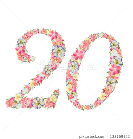 數字 20 的壓花設計,精緻的襯線字體,粉紅色和藍色的植物數字,透明 PNG 背景。 數字 20 的壓花設計,精緻的襯線字體,粉紅色和藍色的植物數字,透明 PNG 背景。 138169162