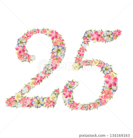 Pressed flower design of the number 25, delicate serif font, pink and blue botanical numbers, transparent PNG background. Pressed flower design of the number 25, delicate serif font, pink and blue botanical numbers, transparent PNG background. 138169163