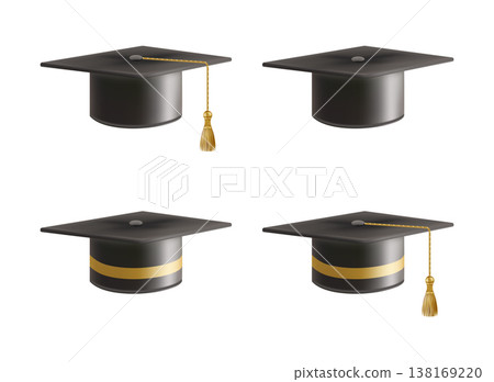 Realistic Black graduate caps set. 3D Graduation Doctoral hat. Realistic Black graduate caps set. 3D Graduation Doctoral hat. 138169220