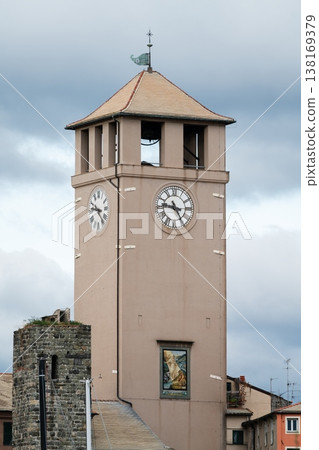 Torre del Brandale clock tower in Savona with old stone tower. Savona, Italy 138169379