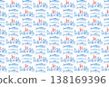 Seamless Mediterranean Fish Pattern with Handwritten La Dolce Vita Lettering, Nautical Blue and Red Vector Background for Restaurant Branding, Packaging, Textile and Coastal Summer Design 138169396