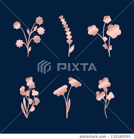 A collection of six elegant rose golden floral elements is displayed against a dark blue background. A collection of six elegant rose golden floral elements is displayed against a dark blue background. 138169591