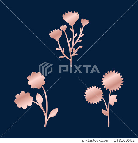 Three stylized rose golden floral elements are isolated on a dark blue background. Each element shows a different flower and stem design with a metallic finish, suitable for decorative use. Three stylized rose golden floral elements are isolated on a dark blue background. Each element shows a different flower and stem design with a metallic finish, suitable for decorative use. 138169592