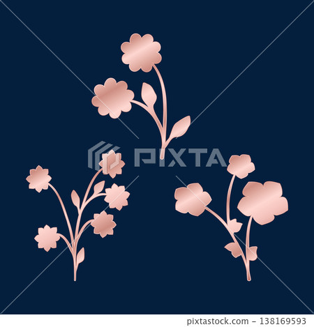 Three distinct rose golden floral design elements are set against a plain dark blue backdrop. Three distinct rose golden floral design elements are set against a plain dark blue backdrop. 138169593