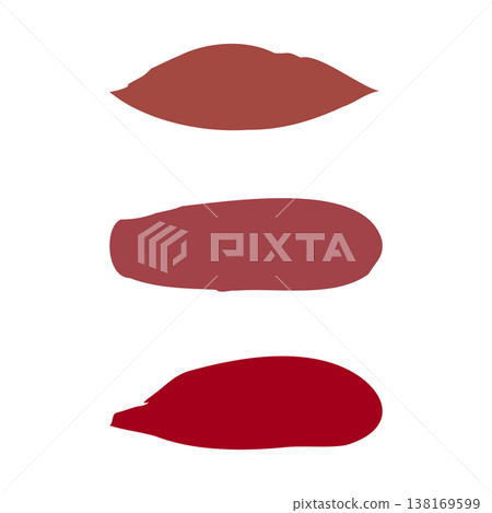 Three distinct lipstick swatches, part of a trio set, are showcased on a clean white backdrop. The swatches feature varying shades of brown-red and deep red, perfect for cosmetic product comparison. Three distinct lipstick swatches, part of a trio set, are showcased on a clean white backdrop. The swatches feature varying shades of brown-red and deep red, perfect for cosmetic product comparison. 138169599