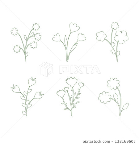 Six unique simple line art flowers are shown in a clean, minimalist style. Each flower drawing features delicate outlines of blossoms and stems, arranged elegantly on a plain white background. 138169605