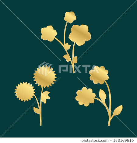 Three unique golden floral illustrations feature elegant stems and leaves. Each design shines with a metallic gold finish against a deep teal background. Three unique golden floral illustrations feature elegant stems and leaves. Each design shines with a metallic gold finish against a deep teal background. 138169610
