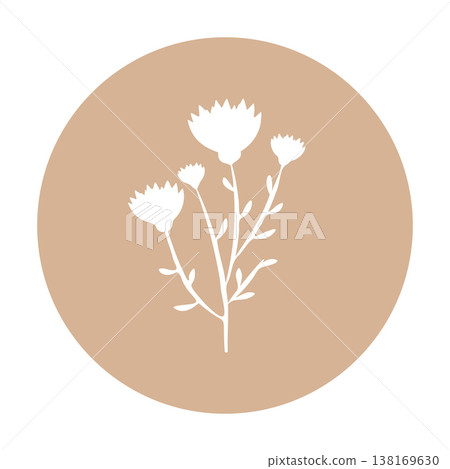 A white cutout of delicate flowers with slender stems and small leaves is centered within a round beige shape. This graphic design features a minimalist floral pattern. 138169630