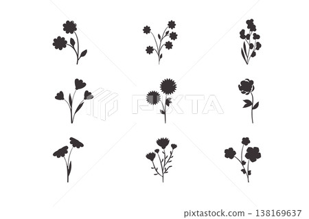Nine distinct abstract floral shapes in solid black are presented on a clean white background. This versatile set offers simple botanical design elements for any project. Nine distinct abstract floral shapes in solid black are presented on a clean white background. This versatile set offers simple botanical design elements for any project. 138169637