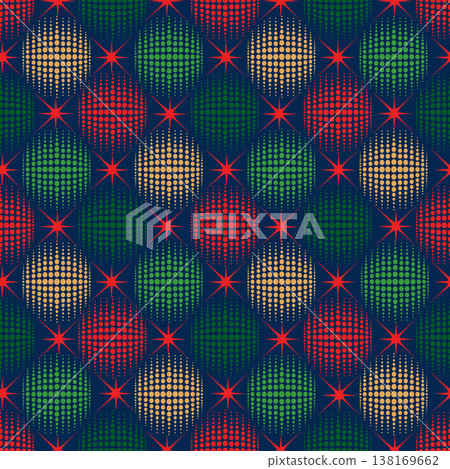 Holiday baubles seamless pattern. Christmas icon ornament. Halftone balls and stars noel festive decor 138169662