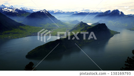 Mountains and lake view from high point near Lucerne, Switzerland on a cloudy day in early summer, showcasing green hills and water Mountains and lake view from high point near Lucerne, Switzerland on a cloudy day in early summer, showcasing green hills and water 138169793