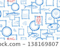Seamless Mediterranean Seafood Pattern with Fish, Shells, Lobster in Hand Drawn Line Art Style, Nautical Blue and Red Vector Background for Restaurant Menu, Packaging and Textile Design 138169807