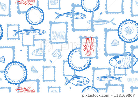Seamless Mediterranean Seafood Pattern with Fish, Shells, Lobster in Hand Drawn Line Art Style, Nautical Blue and Red Vector Background for Restaurant Menu, Packaging and Textile Design 138169807
