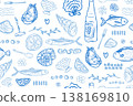 Seamless Mediterranean Seafood Pattern with Fish, Oysters, Lemon and Wine Bottle, Hand Drawn Blue Line Art Background for Restaurant Menu, Packaging, Textile and Coastal Culinary Design 138169810
