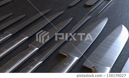 Professional Kitchen Knives Set On Dark Background 3d render. Professional Kitchen Knives Set On Dark Background 3d render. 138170027