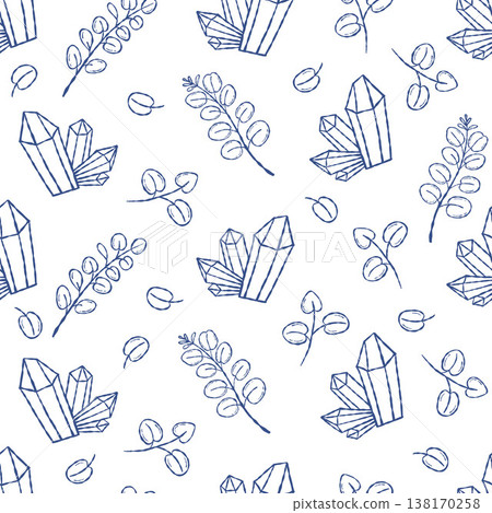 Seamless Pattern with Crystals and Eucalyptus Branches. Minimalist Botanical and Zen Gemstone on White Background. Outline Blue Hand Drawn. Vector Illustration Seamless Pattern with Crystals and Eucalyptus Branches. Minimalist Botanical and Zen Gemstone on White Background. Outline Blue Hand Drawn. Vector Illustration 138170258
