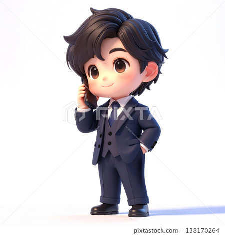 一個身穿西裝的年輕男子的3D角色，正在用智慧型手機進行商務會議。 138170264