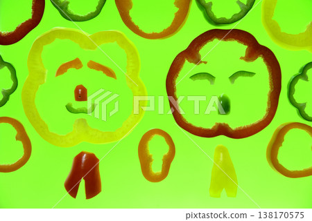 A character's face made from bell peppers and colored peppers. A character's face made from bell peppers and colored peppers. 138170575
