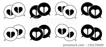 簡單重疊的語音泡泡集,心碎標記,黑白 簡單重疊的語音泡泡集,心碎標記,黑白 138170699