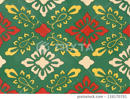 Green background with red and yellow diamond-shaped floral pattern - Yamato-e style background material Green background with red and yellow diamond-shaped floral pattern - Yamato-e style background material 138170781