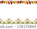 Holiday card, seamless ornament. Garland of flags, light flowers, green leaves. Illustration in a flat cartoon style. Watercolor, pastel. For design 138170869