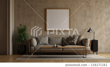 Modern living room with concrete walls and poster frame mockup 138171161