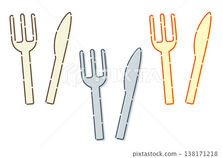 Fork and knife icon set in 3 colors (cutlery, kitchen, simple illustration material) 138171218
