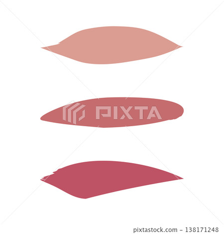 Three distinct lipstick swatches are presented on a clean white background. They showcase a range of cosmetic shades from light nude to a deeper berry pink, perfect for beauty product selection. 138171248