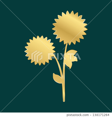 Two stylized golden flowers with jagged petals rise from a central stem, adorned with two small leaves. This elegant metallic design stands out against a rich dark teal background. Two stylized golden flowers with jagged petals rise from a central stem, adorned with two small leaves. This elegant metallic design stands out against a rich dark teal background. 138171264