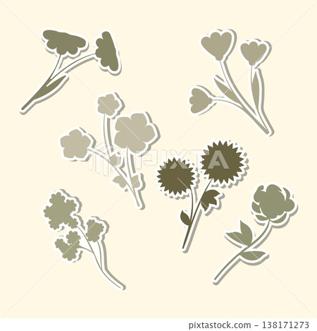 Six unique flower sticker designs are shown, each featuring a distinct plant with elegant, simple shapes in muted green tones. Six unique flower sticker designs are shown, each featuring a distinct plant with elegant, simple shapes in muted green tones. 138171273