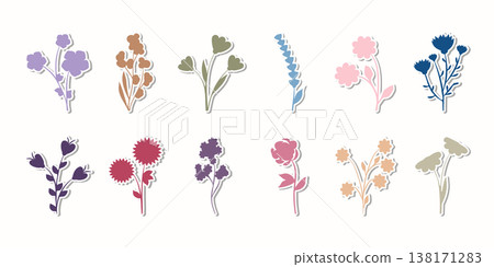 Twelve different flower stickers, each with its own color and unique plant shape, are displayed. They have a white outline and a subtle shadow, making them look like actual stickers. Twelve different flower stickers, each with its own color and unique plant shape, are displayed. They have a white outline and a subtle shadow, making them look like actual stickers. 138171283