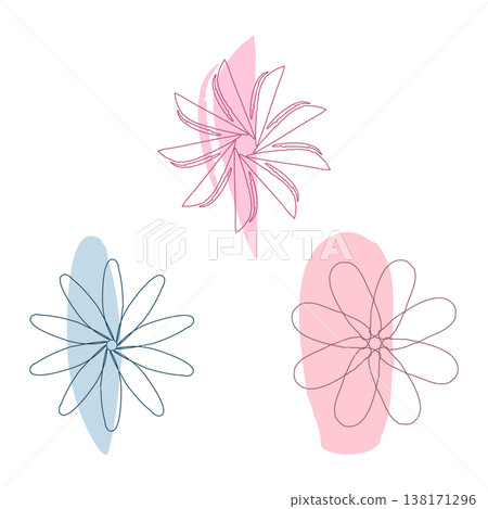 Three abstract floral designs with delicate line art float on a pristine white backdrop. Each shape features soft pink or light blue brushstroke-like elements, creating a gentle and modern aesthetic. Three abstract floral designs with delicate line art float on a pristine white backdrop. Each shape features soft pink or light blue brushstroke-like elements, creating a gentle and modern aesthetic. 138171296