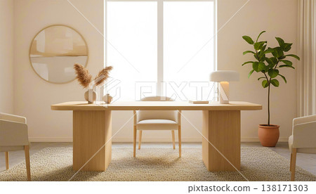A bright, Scandinavian-style home office with a minimalist desk background. 138171303
