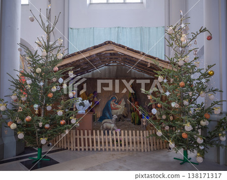 [Ukraine] Christmas tree and Nativity scene displayed at Catholic church in Lviv, western Ukraine. 138171317