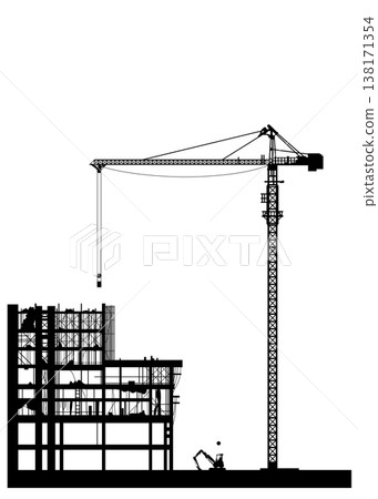 Tower Crane Silhouette Lifting Loads at Construction Site Stock Illustration. Tower Crane Silhouette Lifting Loads at Construction Site Stock Illustration. 138171354