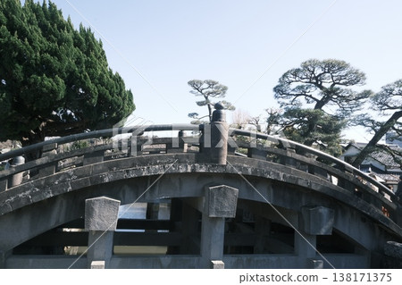 A stone arch bridge and pine trees in a Japanese garden; a landscape element representing a Japanese landscape. 138171375