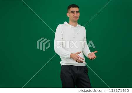 No clue. A man in a beige overshirt and eyeglasses raising his palms and shrugging his shoulders in confusion. A perfect mix of uncertainty and casual charm 138171450