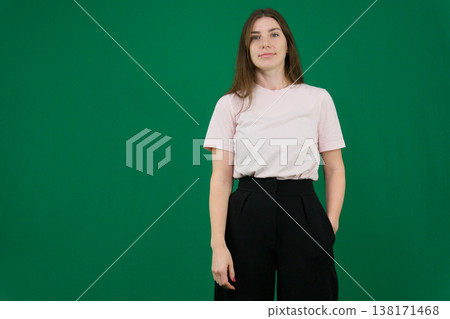 happy young business woman posing isolated different emotions of a young girl chromakey beautiful facial features real people pink T-shirt white skinned European. black flared wide leg trousers happy young business woman posing isolated different emotions of a young girl chromakey beautiful facial features real people pink T-shirt white skinned European. black flared wide leg trousers 138171468