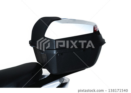 Motorcycle top case luggage box with passenger backrest on white background side view close up with no people for motor accessories catalog shop Motorcycle top case luggage box with passenger backrest on white background side view close up with no people for motor accessories catalog shop 138171540