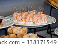 Assorted catering appetizer with shrimp canape and cream cheese on skewer for event or party decoration with delicious seafood snack on buffet table 138171549