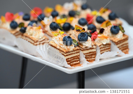 Assorted catering dessert with honey cake medovik slices topped with cream and blueberry on white buffet stand with no people and copy space Assorted catering dessert with honey cake medovik slices topped with cream and blueberry on white buffet stand with no people and copy space 138171551