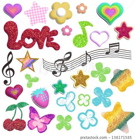 Retro glittery sticker-style motif set for girls from the Heisei era. Retro glittery sticker-style motif set for girls from the Heisei era. 138171585