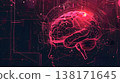 數位大腦的3D示意圖：一個發出紅色光芒的AI神經網路電路 138171645