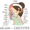 Diagram and names of facial muscles of an Asian woman looking to the side. 138171703