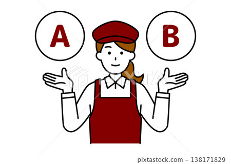 A female cafe employee suggests options A and B. A female cafe employee suggests options A and B. 138171829