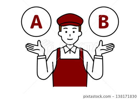A male cafe employee suggests options A and B. A male cafe employee suggests options A and B. 138171830