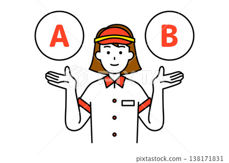 A female fast-food employee offers two options, A and B. 138171831