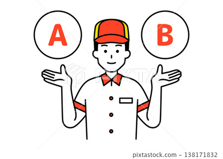 A male employee at a fast-food restaurant offers two options, A and B. A male employee at a fast-food restaurant offers two options, A and B. 138171832