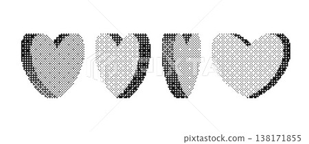 Bitmap halftone heart collection. Dither 3d rasterized rotating hearts set. Pixelated heart-shaped design elements for banner, poster, leaflet, sticker, collage. Retro Y2K 8 bit effect bundle. Vector Bitmap halftone heart collection. Dither 3d rasterized rotating hearts set. Pixelated heart-shaped design elements for banner, poster, leaflet, sticker, collage. Retro Y2K 8 bit effect bundle. Vector 138171855